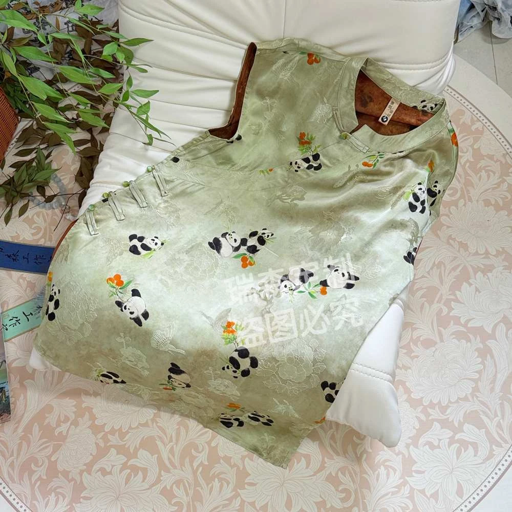 385 绿色小熊猫新中式国风奥黛上衣T恤-胸围84-衣长73