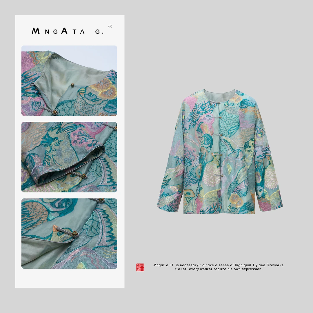 MNGATA G.宫小妍 【五色鹦鹉图】早秋真丝新中式中国风外套AJ050697