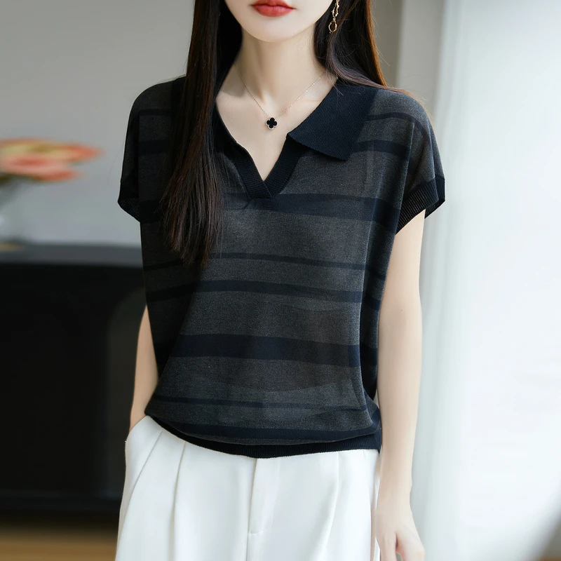 撞色翻领条纹亚麻针织小飞袖T恤女夏薄显瘦polo领短袖t恤上衣