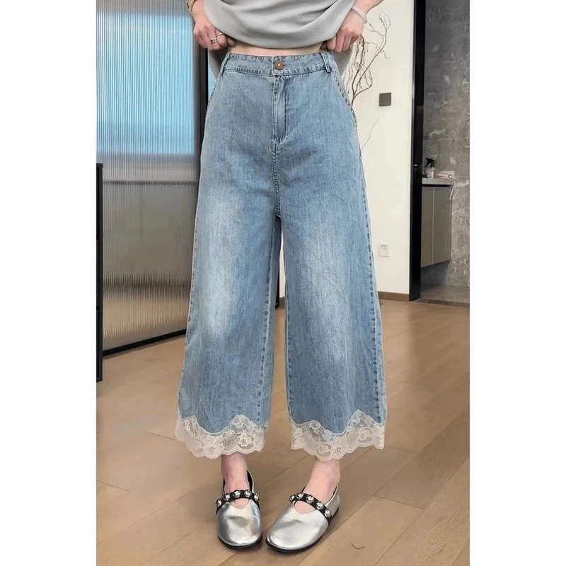 大码女装蕾丝花边九分牛仔裤女夏季新款胖妹妹显瘦遮肉直筒阔腿裤