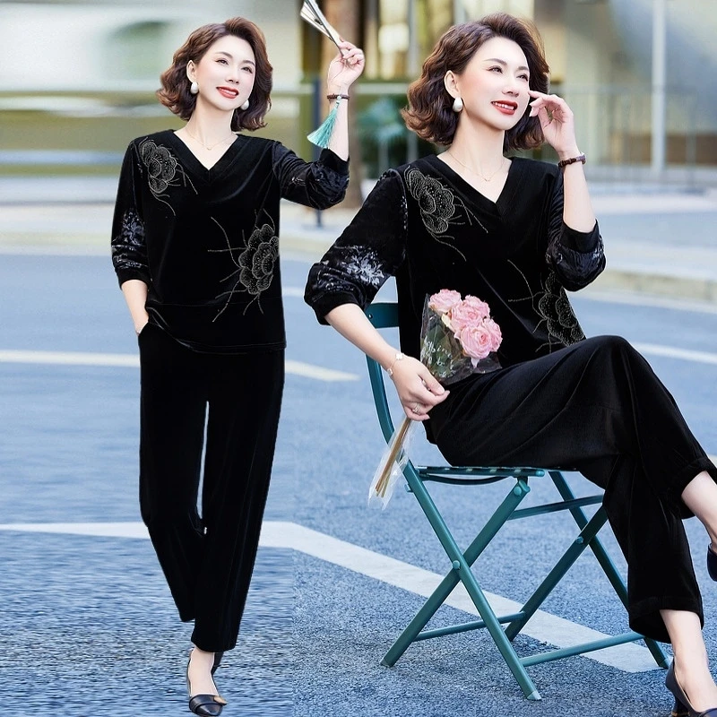 中年女妈妈春装显瘦外套两件套气质洋气长袖上衣裤子春秋时尚套装