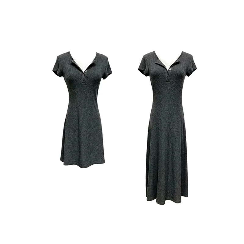 2025新款夏季百搭连衣裙百搭轻奢小众灰色裙蕾丝花边显瘦中长裙女