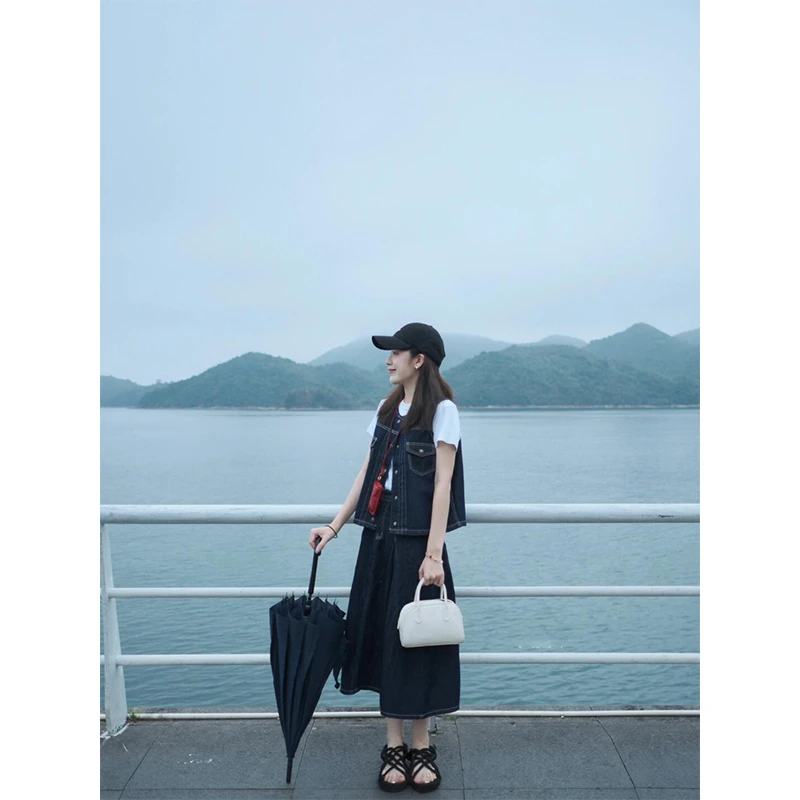 女装夏装套装2025新款爆款简约短袖t恤女无袖牛仔上衣高腰半身裙