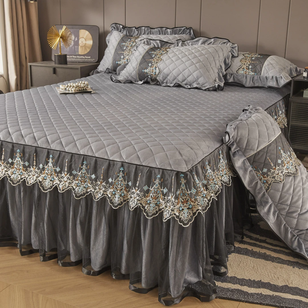 秋冬欧式高档水晶绒保暖蕾丝边床裙款加绒加厚遮丑防滑床罩裙床品