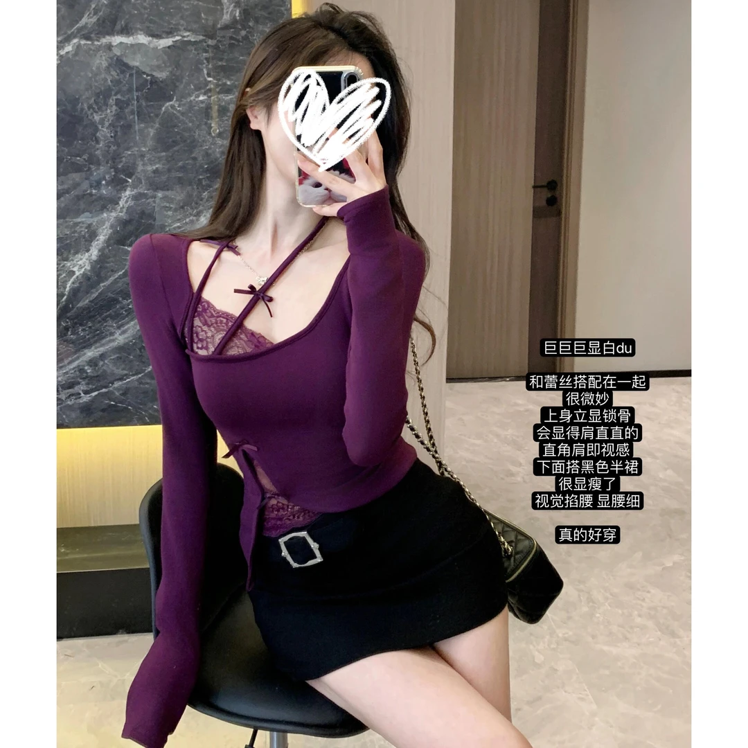 艺等2025秋季紫色辣妹性感蕾丝拼接挂脖长袖T恤女修身打底上衣