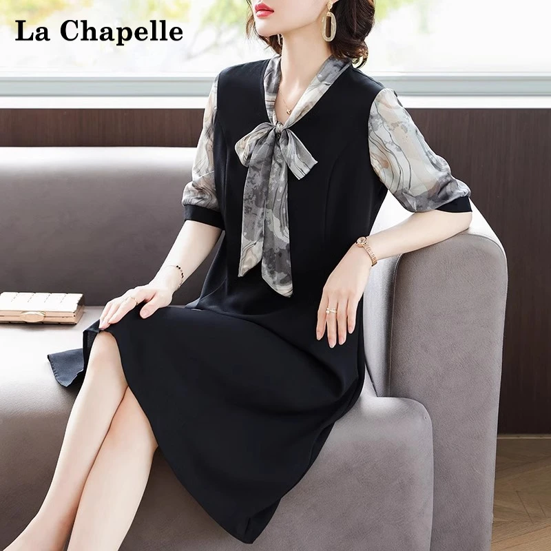 拉夏贝尔母亲节妈妈夏装减龄系带连衣裙中老年女夏季短袖雪纺裙子