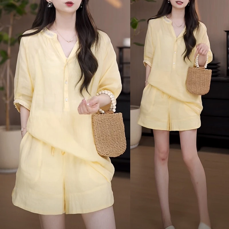 夏季穿搭一整套时尚套装女装2025夏季新款韩版钉珠衬衫短裤两件套