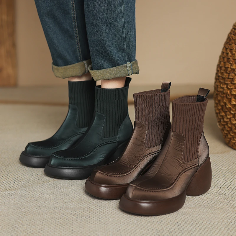 【星小玥】8厘米/头层牛皮/粗跟厚底短靴秋冬高跟松糕底女靴6790-1