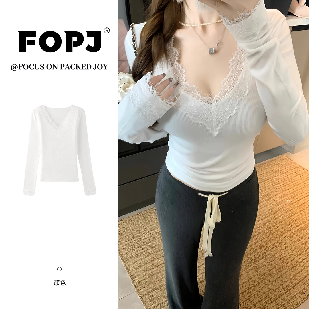 FOPJ网红款蕾丝拼接打底长袖女春秋百搭纯欲修身显瘦性感内搭上衣