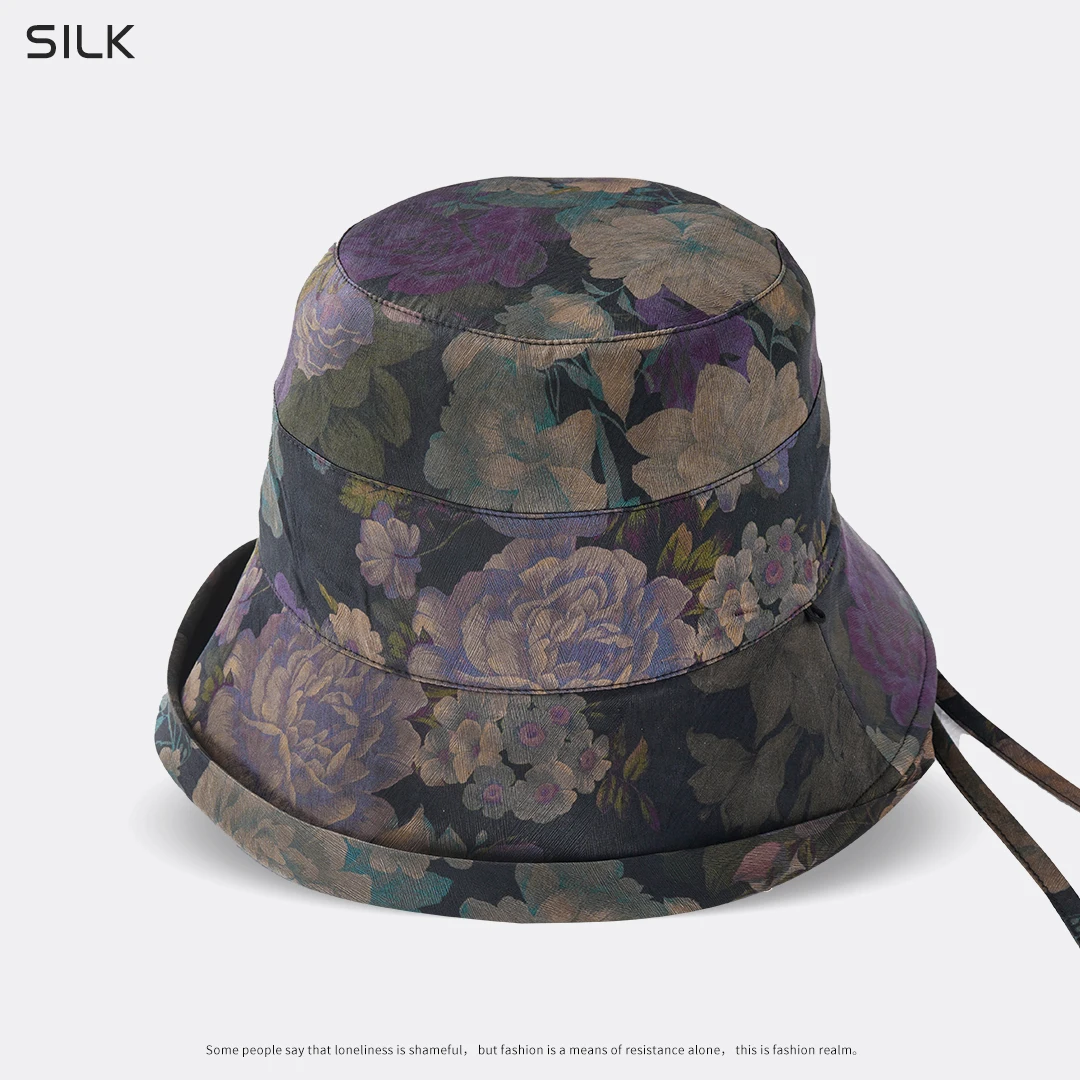 [香云纱渔夫帽]100%桑蚕丝帽子女中式春夏松紧显脸小松紧香云纱帽