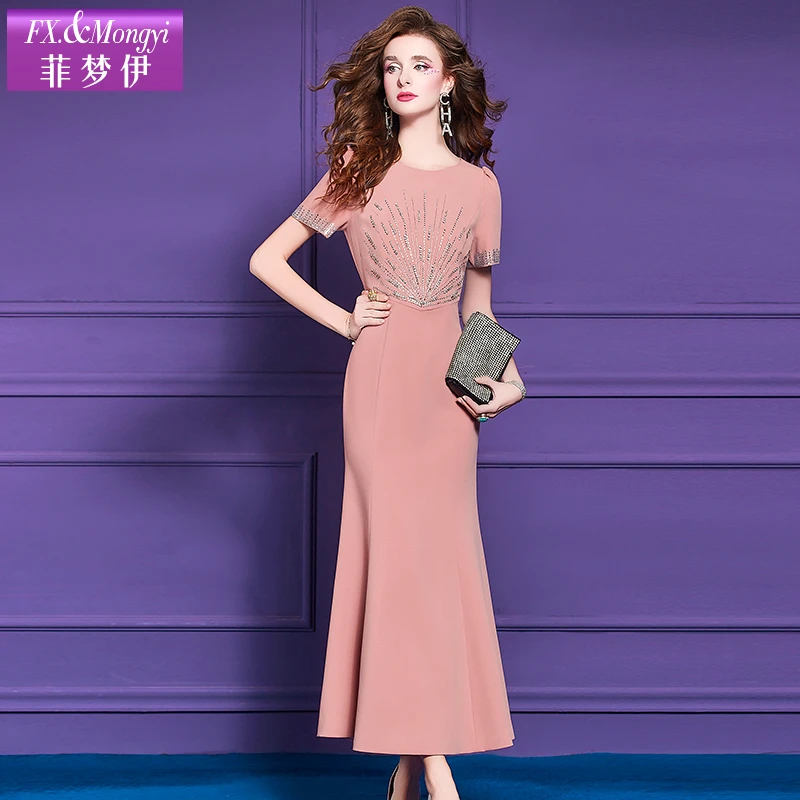 菲梦伊钉珠烫钻连衣裙女短袖夏季轻熟气质性感包臀鱼尾长裙63159