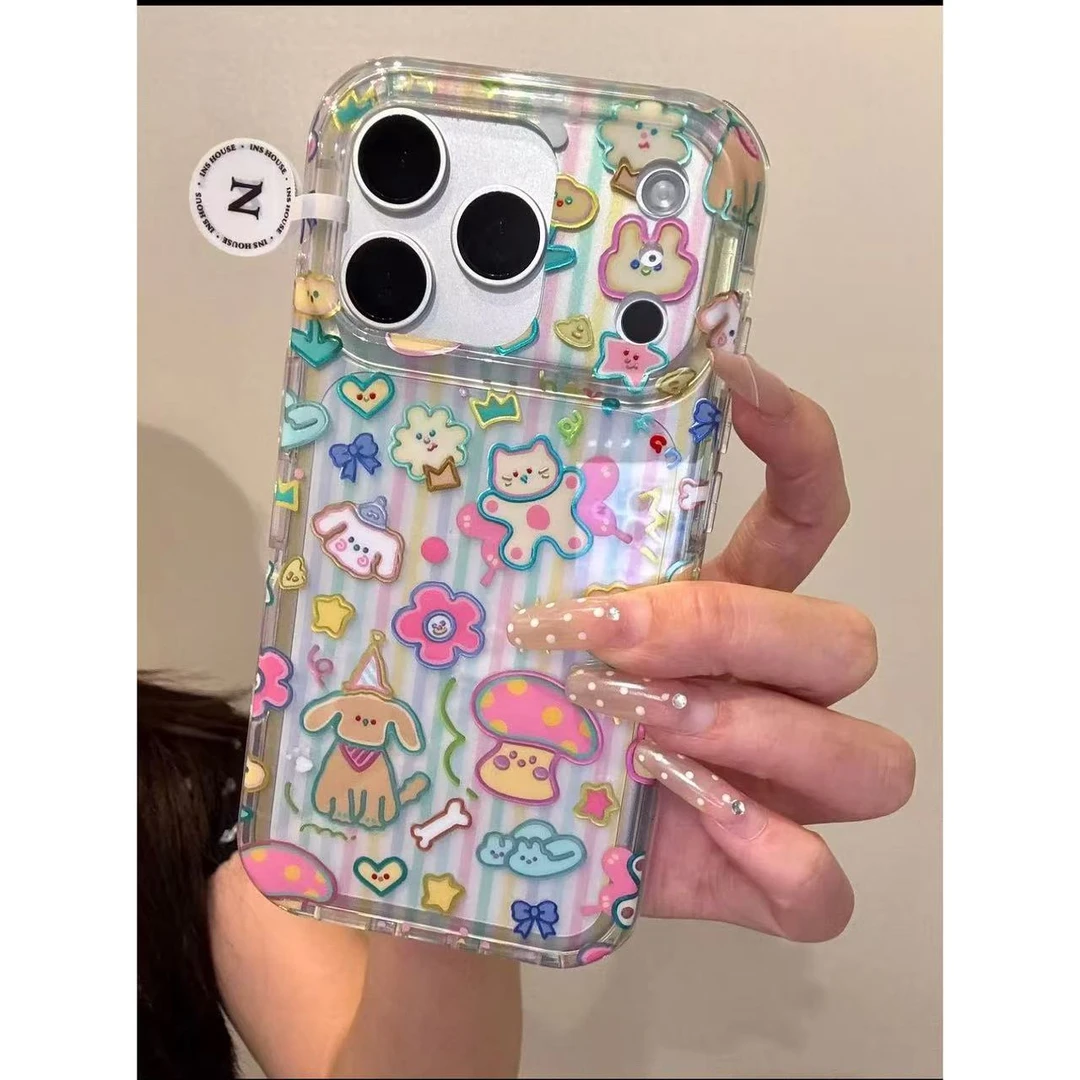 卡通可爱鎏金边蘑菇小狗猫咪适用ihone17promax苹果16pro手机壳15