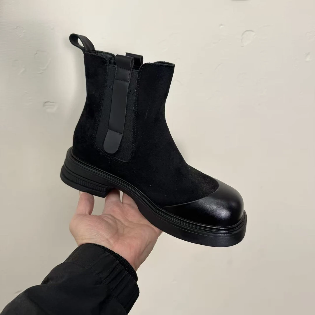 防滑高帮圆头冬季短筒切尔西靴时装靴黑色时尚38
