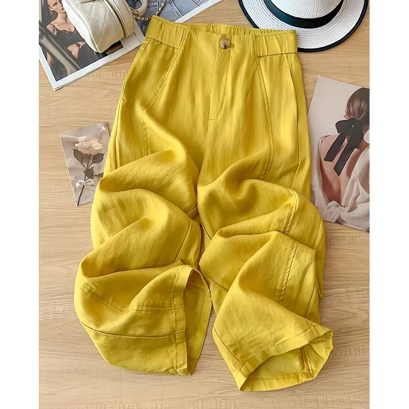 高端黄色棉麻直筒裤女夏季薄款2025新款抗皱天丝亚麻九分阔腿裤子