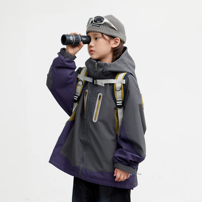 男童拼色拉链连帽外套春秋款2025新款儿童户外休闲风衣外套中大童