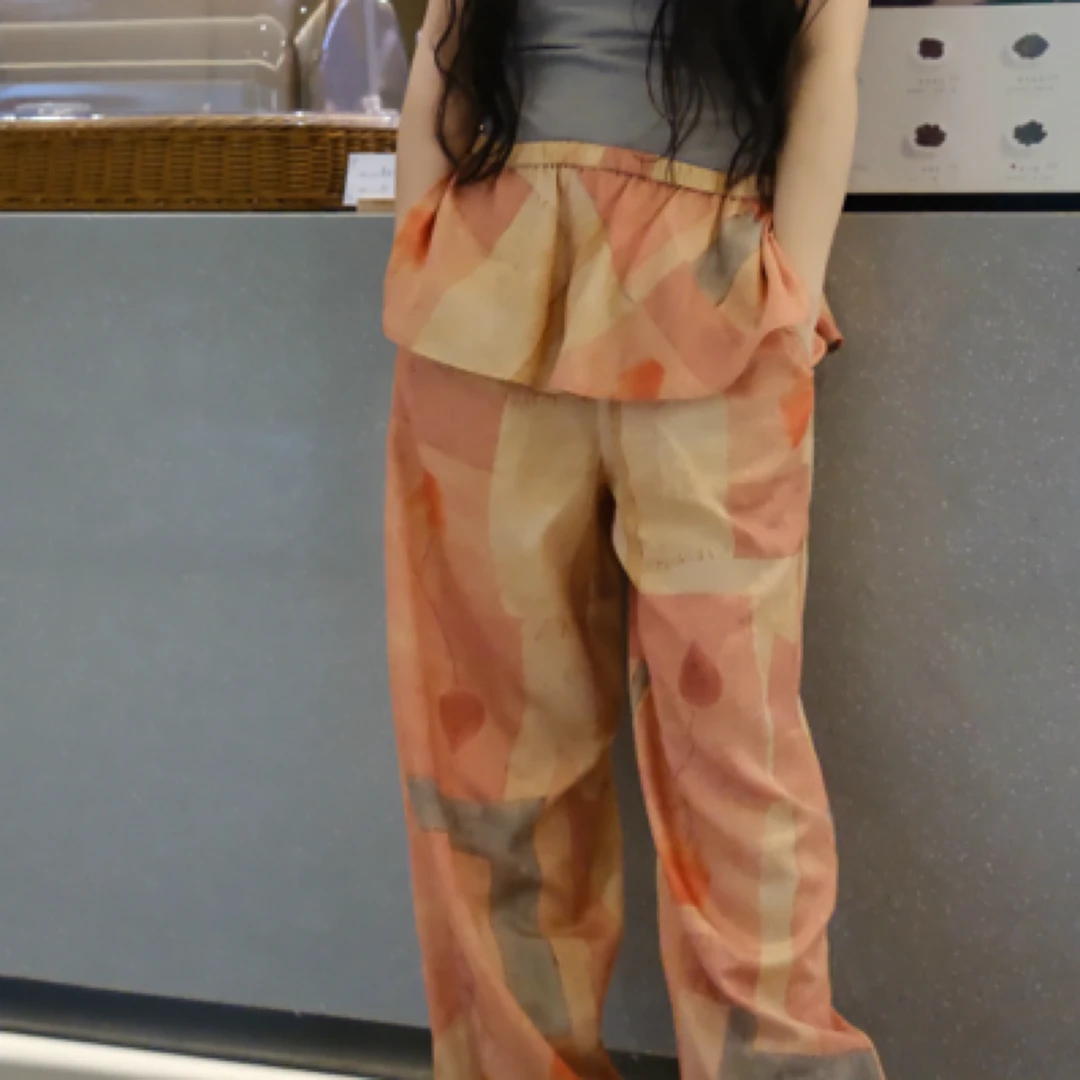 清醺慢行-茶纤维小花边边夏季条纹裤子时尚格子阔腿裤宽松薄款