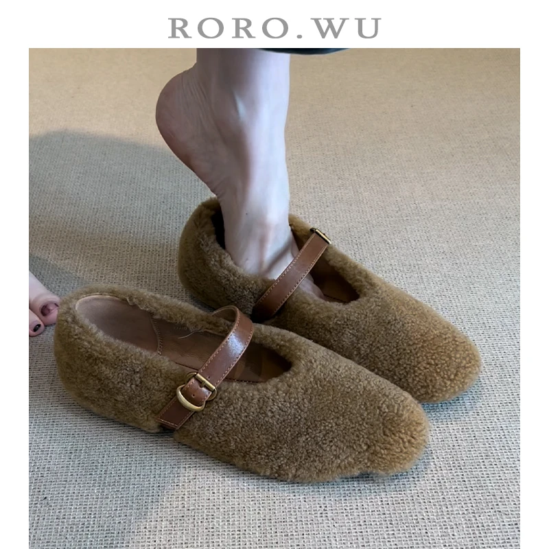 娆娆吴·羊羔毛法式软底加绒单鞋秋冬新款低跟浅口毛绒单鞋女E17
