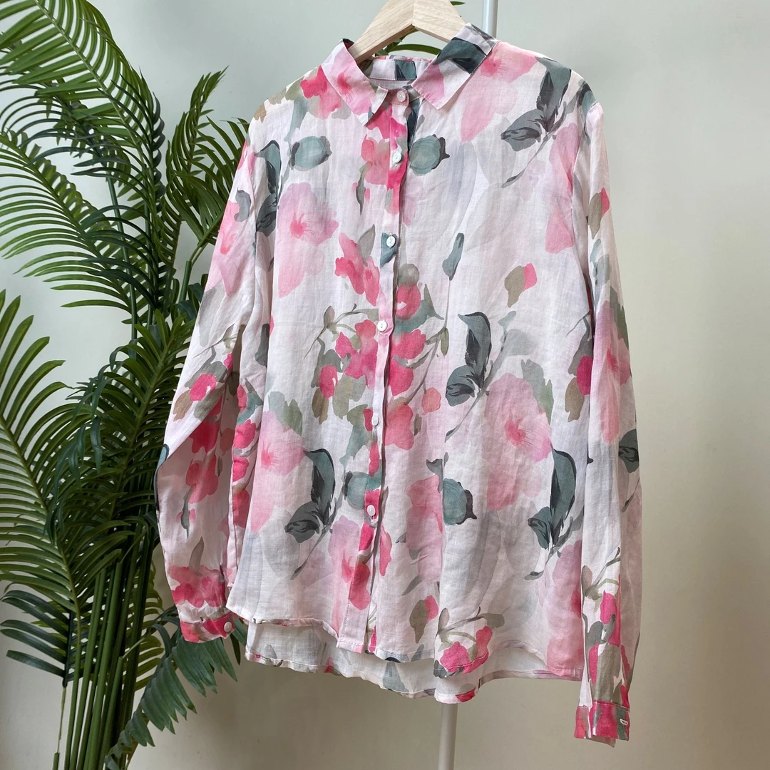 【粉色国画感印花苎麻衬衫】2864