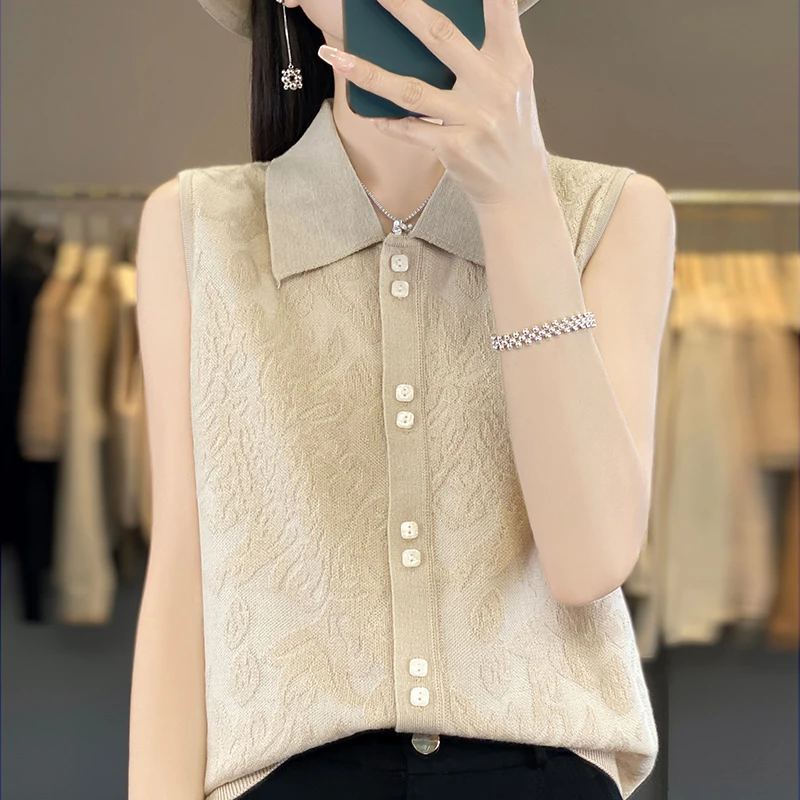 欧洲站简约POLO领薄款超细羊毛无袖背心女镂空百搭优雅打底衫上衣