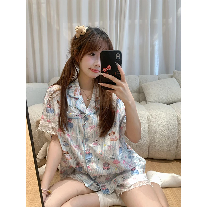 纯欲风蕾丝花边卡通印花短袖睡衣女春夏季新款大码短裤家居服套装