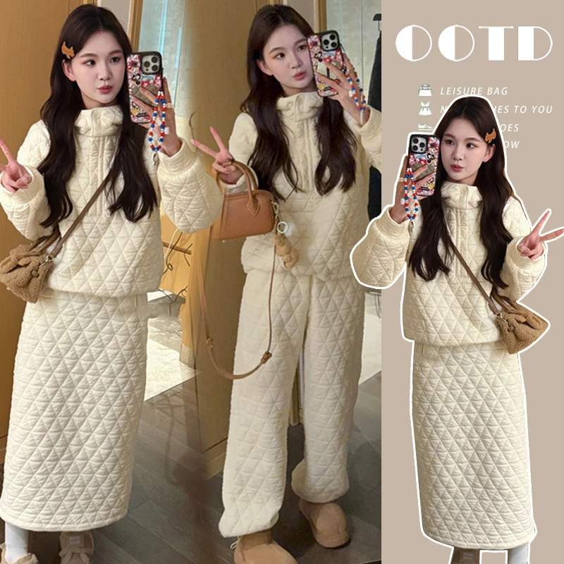 办公椅冬季新款欧洲站格纹夹棉卫衣阔腿裤半身裙孕妇套装