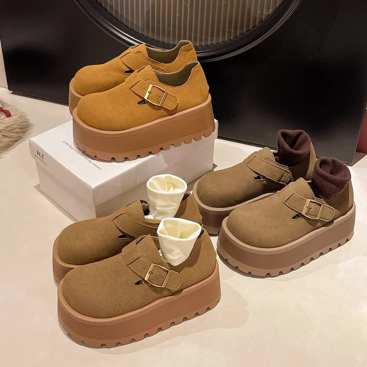 2025秋季新款皮带扣欧货磨砂皮厚底松糕鞋女小个子休闲勃肯鞋单鞋