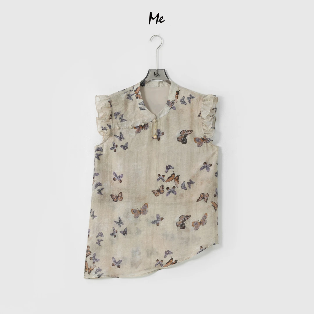 ME【梦蝶斜裁旗袍】天丝混纺新中式斜裁显瘦时尚百搭T恤MESS6813