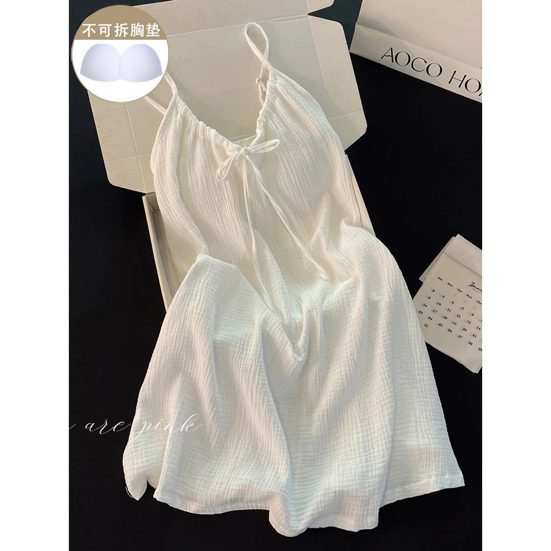 睡衣女带胸垫夏天睡裙薄款夏季白色性感吊带中长款日系纯棉家居服