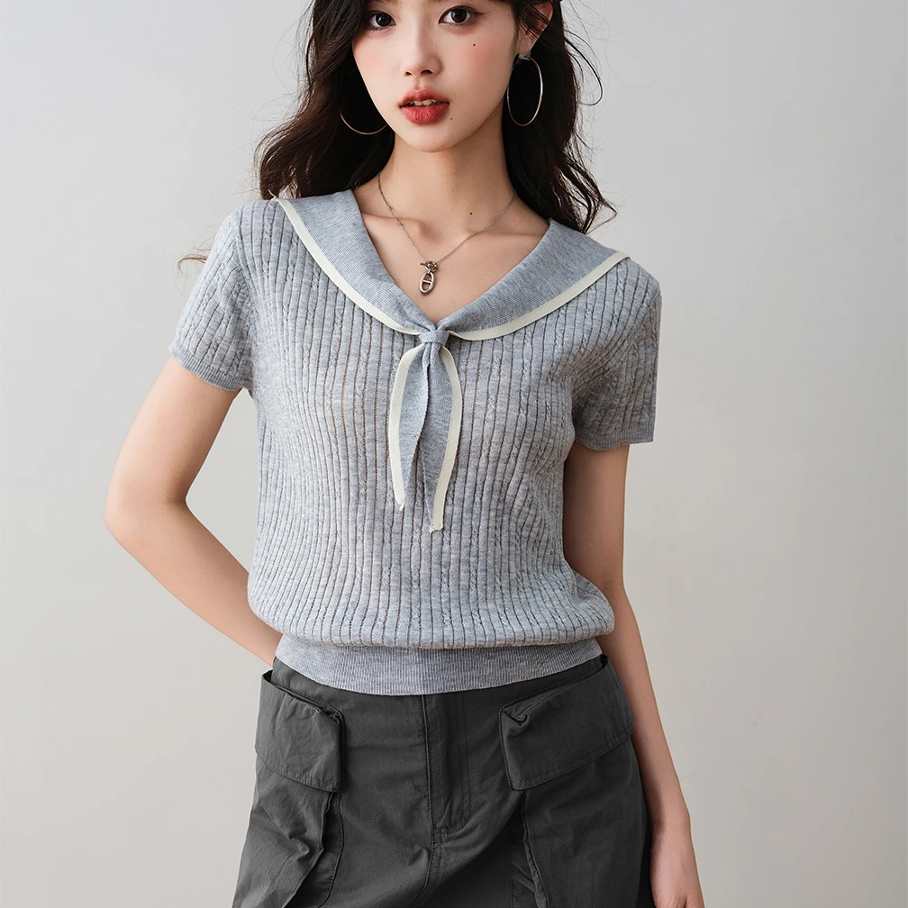 针织衫女2025夏季爆款计感小众海军领减龄修身冰丝正肩上衣