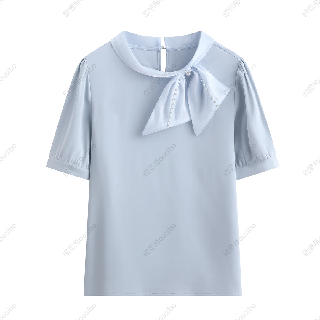 短袖蝴蝶夏季钉珠蝴蝶结薄款衬衫时尚百搭甜美上衣蕾丝女装