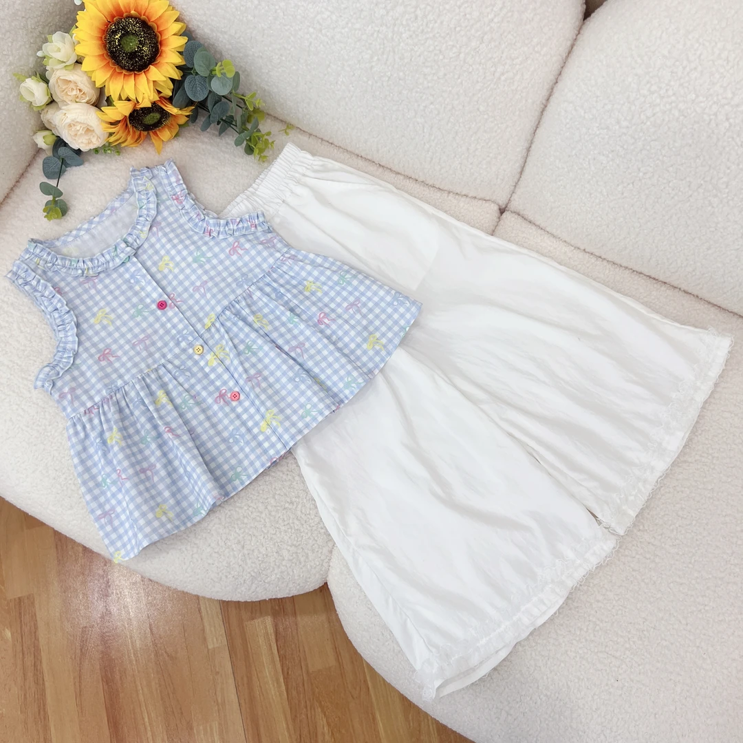 皇室童缘2025夏季新款女童无袖蓝色格子清新两件套17630578082