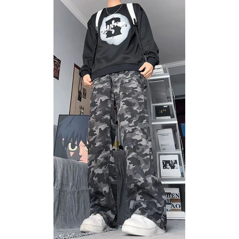 美式复古迷彩裤男早秋新款oversize牛仔裤子痞帅气宽松直筒阔腿裤