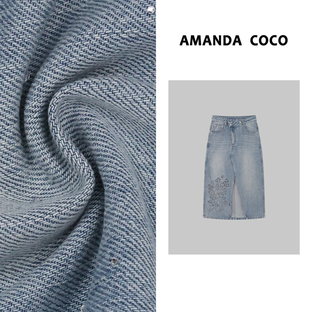 AMANDACOCO茜茜丨牛仔艺术～高定烫钻镂空花朵刺绣设计感气质半裙