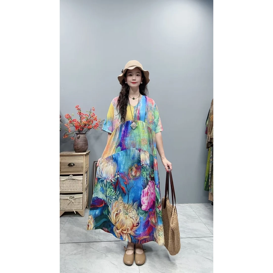 5361夏季新款显瘦气质时尚女百搭休闲文艺复古印花洋气宽松连衣裙