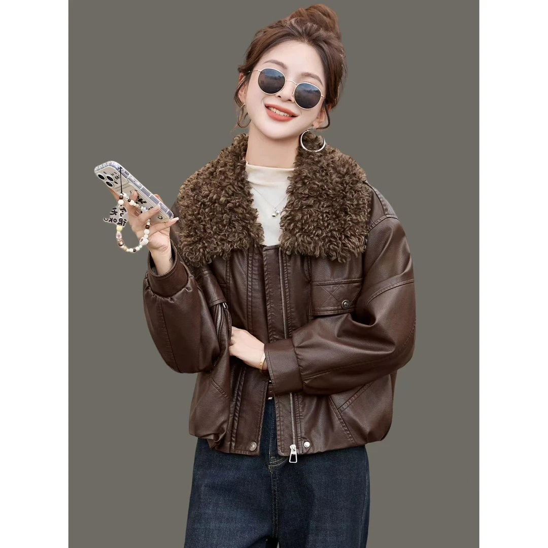 2025冬季可拆卸毛领复古翻领皮衣加绒加厚百搭保暖皮夹克外套8211
