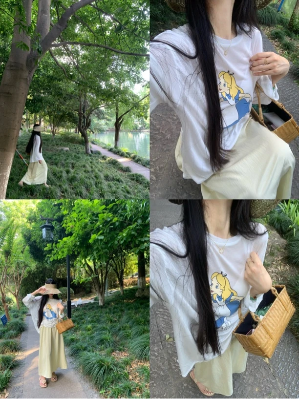 灰灰呀！韩代工作室 风格设计感白雪公主防晒T恤+高腰半身裙套装