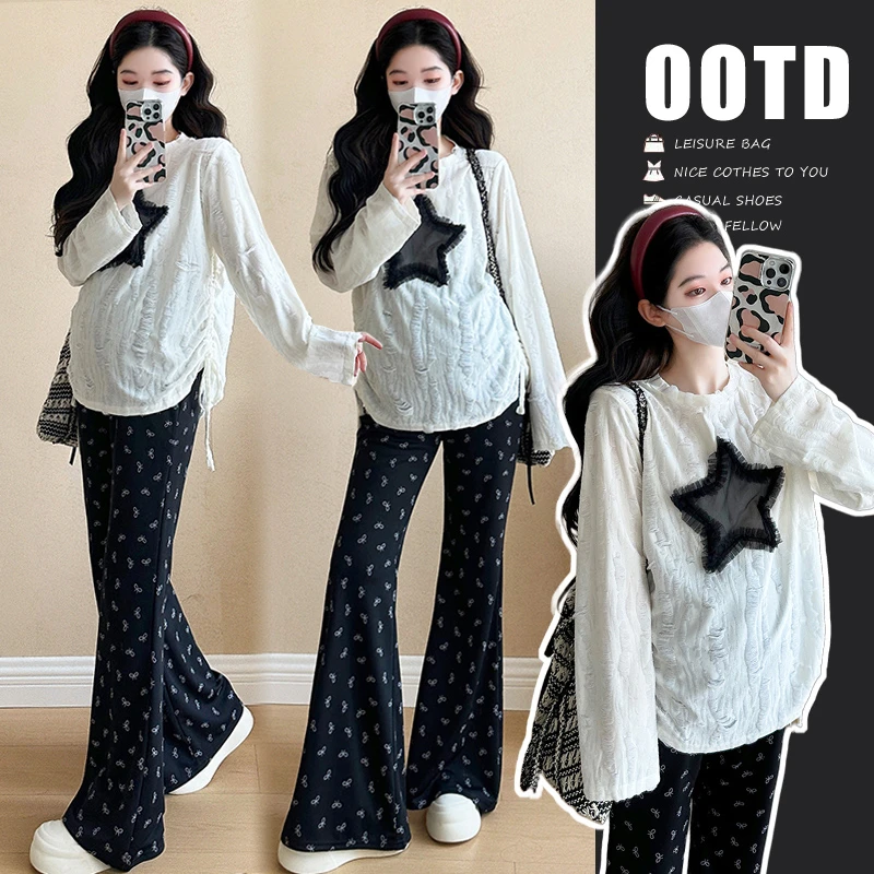 孕妇装新款春季韩版褶皱星星宽松T恤+显瘦喇叭裤孕妇套装两件套