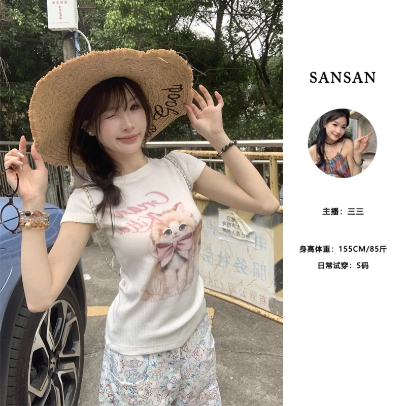 【三三】（奇喵乐园） 蝴蝶结小猫咪短袖T恤女夏季显瘦正肩上衣