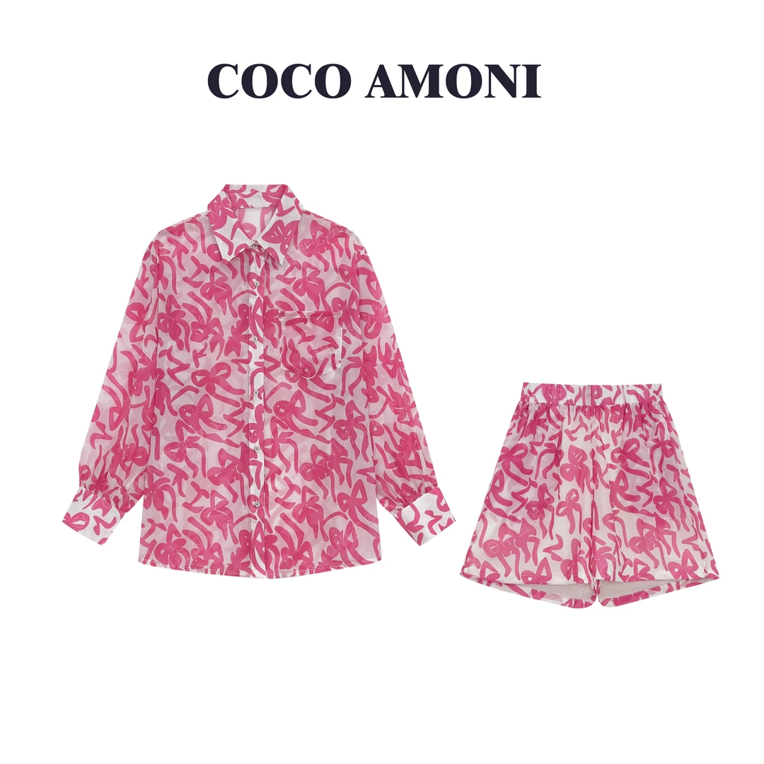 重工碎花蝴蝶结防晒套装长袖宽松显瘦上衣松紧腰短裤FS164