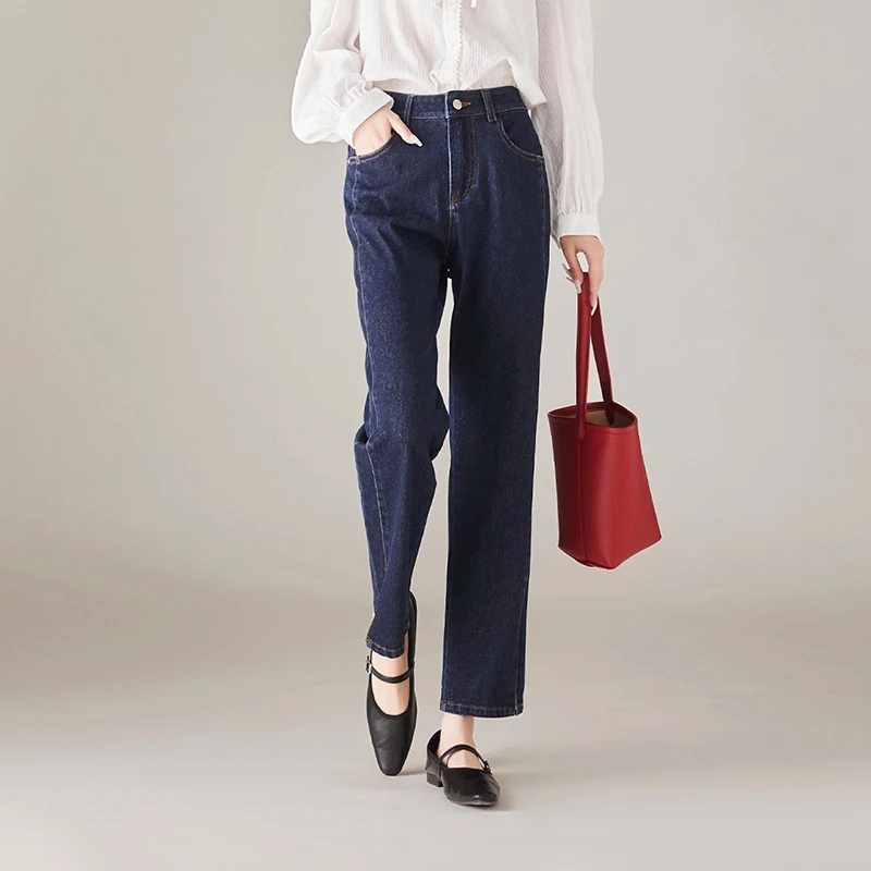 索菲丝尔2025秋季直筒牛仔裤高腰宽松显瘦脚口开叉细闪女裤512100