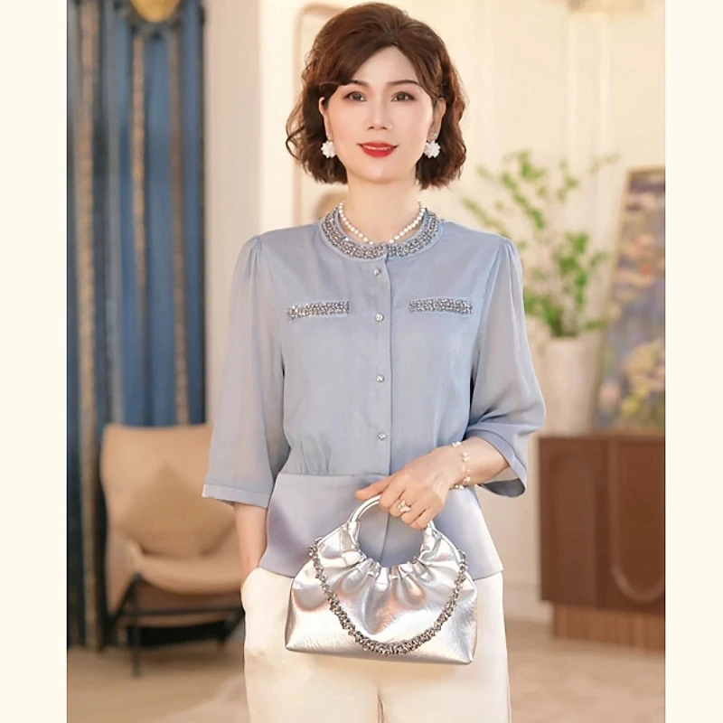 中年妈妈气质夏装薄款小衫衬衣2025新款洋气中老年女装上衣t恤