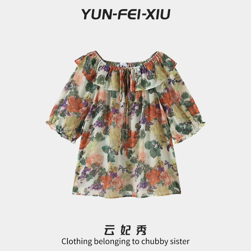 云妃秀大码女装雪纺衫时尚休闲胖妹妹减龄显瘦百搭娃娃领夏季5025