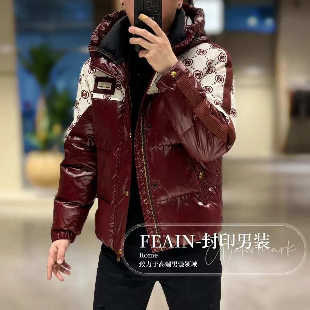 高端定制立体织带设计连帽拼色男士羽绒服89007