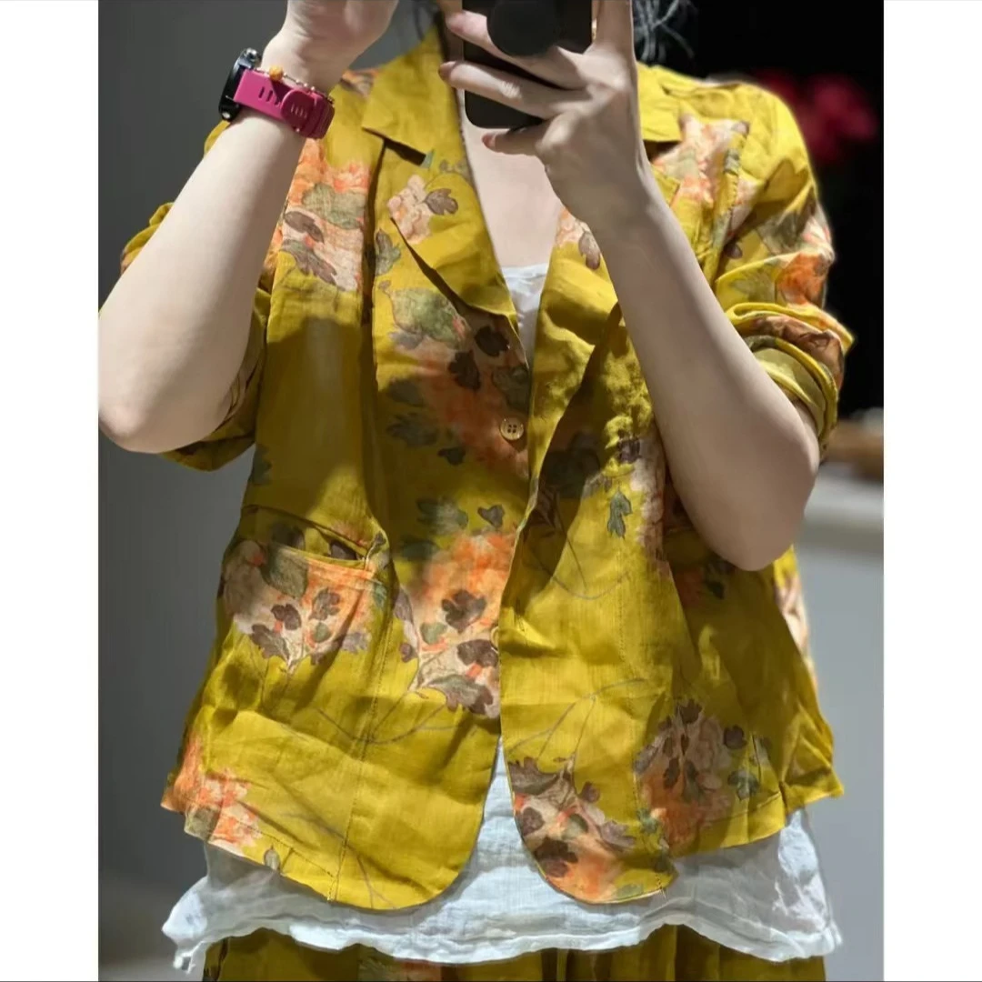 2025春夏季新品  做旧炒色复古文艺气质显瘦印花苎麻西装衬衫外套