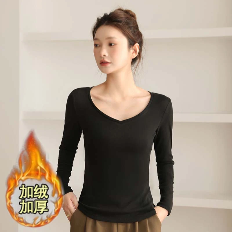 2025新款德绒V领修身长袖T恤女打底衫女灰色可外穿可内搭加厚保暖