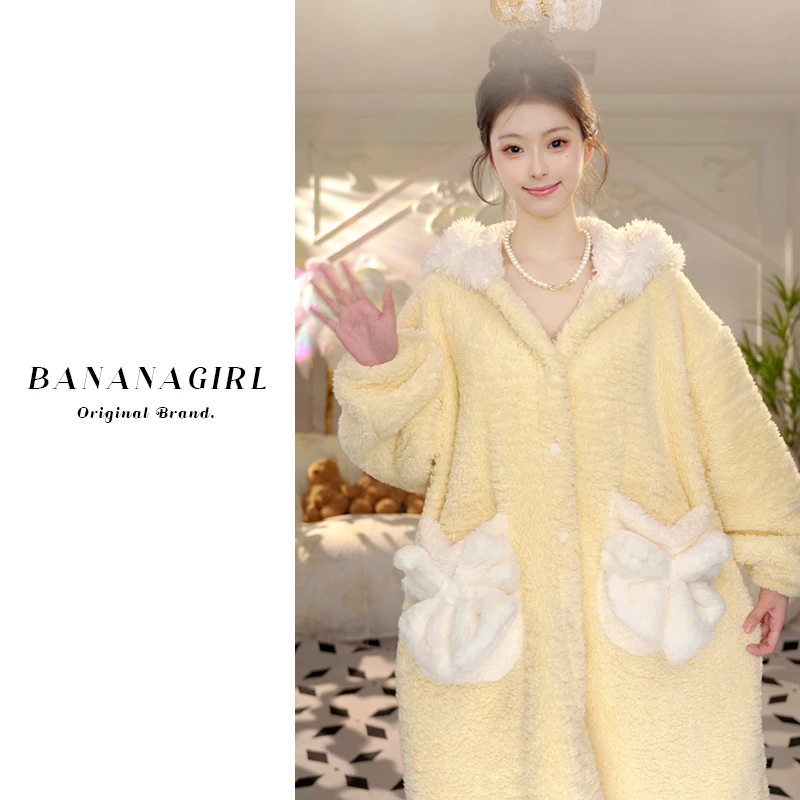 Bananagirl【雪饼小狸】睡衣女秋冬睡衣连帽睡袍保暖冬季家居服外穿