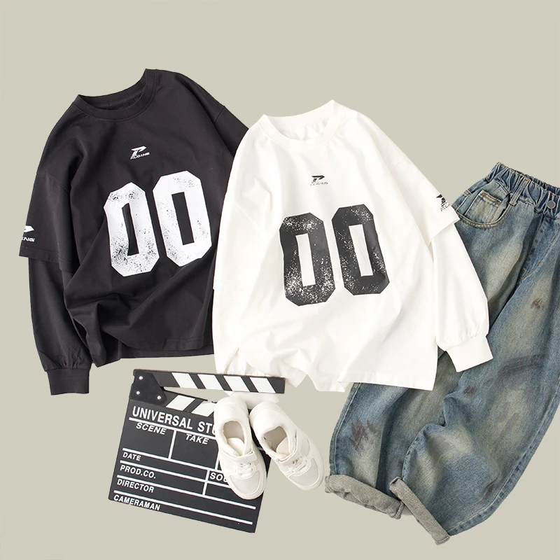 吴小越w685男童秋装白色假两件棉t恤长袖中大童打底衫宽松韩版