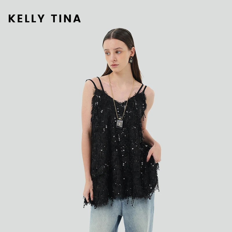 KELLY TINA流苏亮片吊带上衣小香风约会夏季设计师时尚