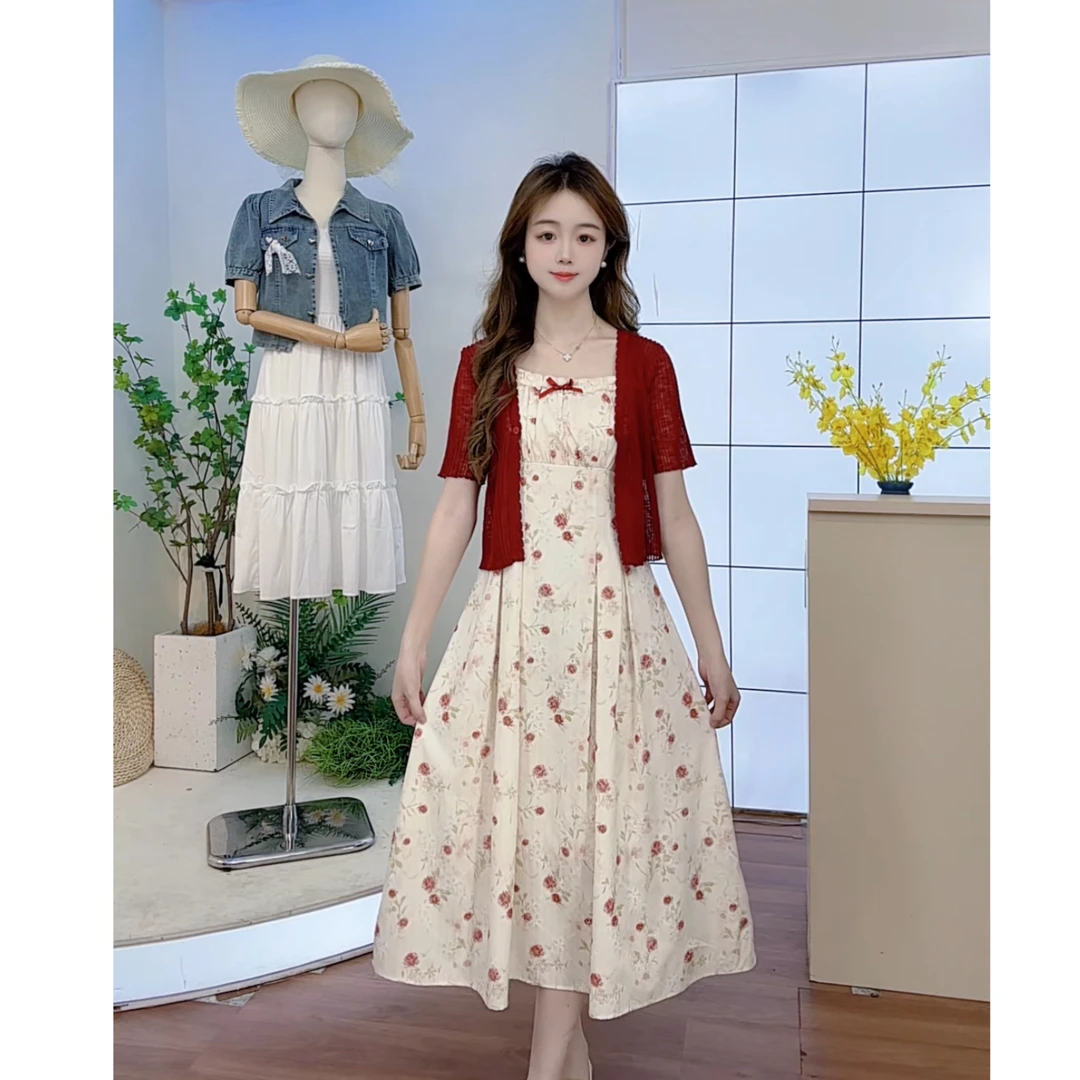 维斯优品· 2025春夏款碎花提花高级感时尚温柔吊带裙+外套两件套