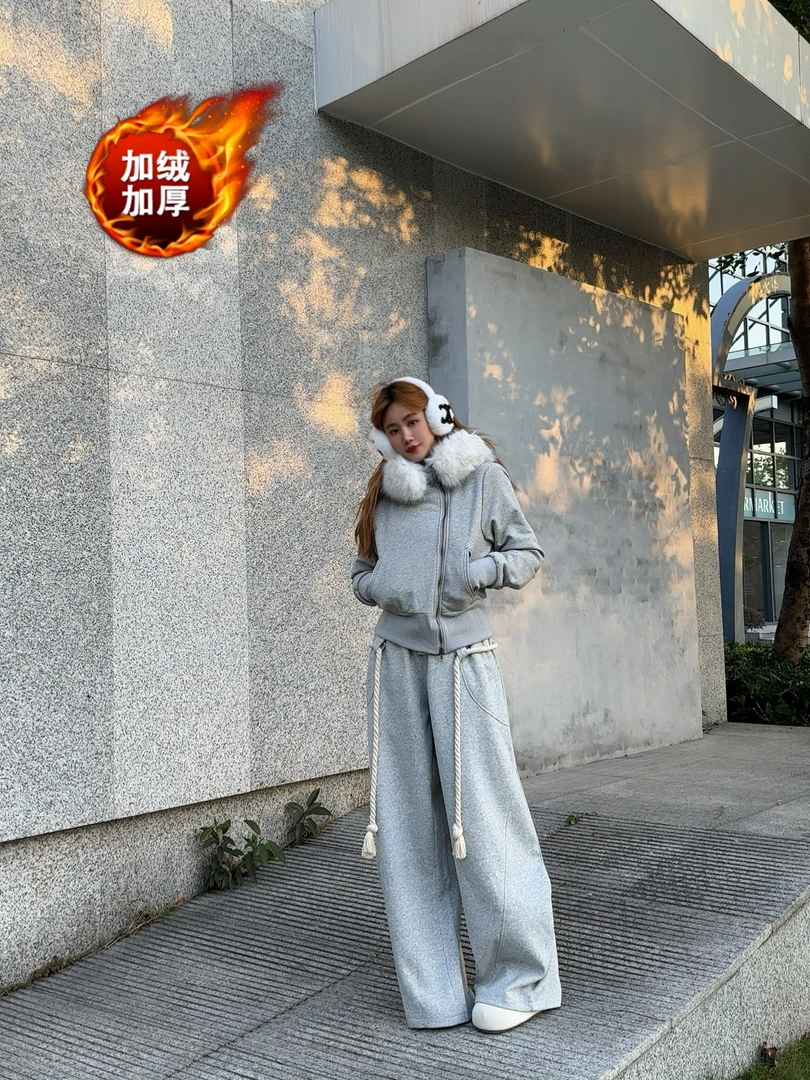 韩式慵懒风毛领连帽棉服女编织粗绳阔腿长裤套装